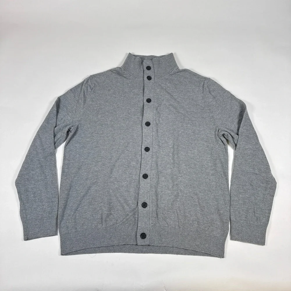 Banana Republic Sweater Mens XL Gray Cardigan Button Front Cotton Wool Mock Neck